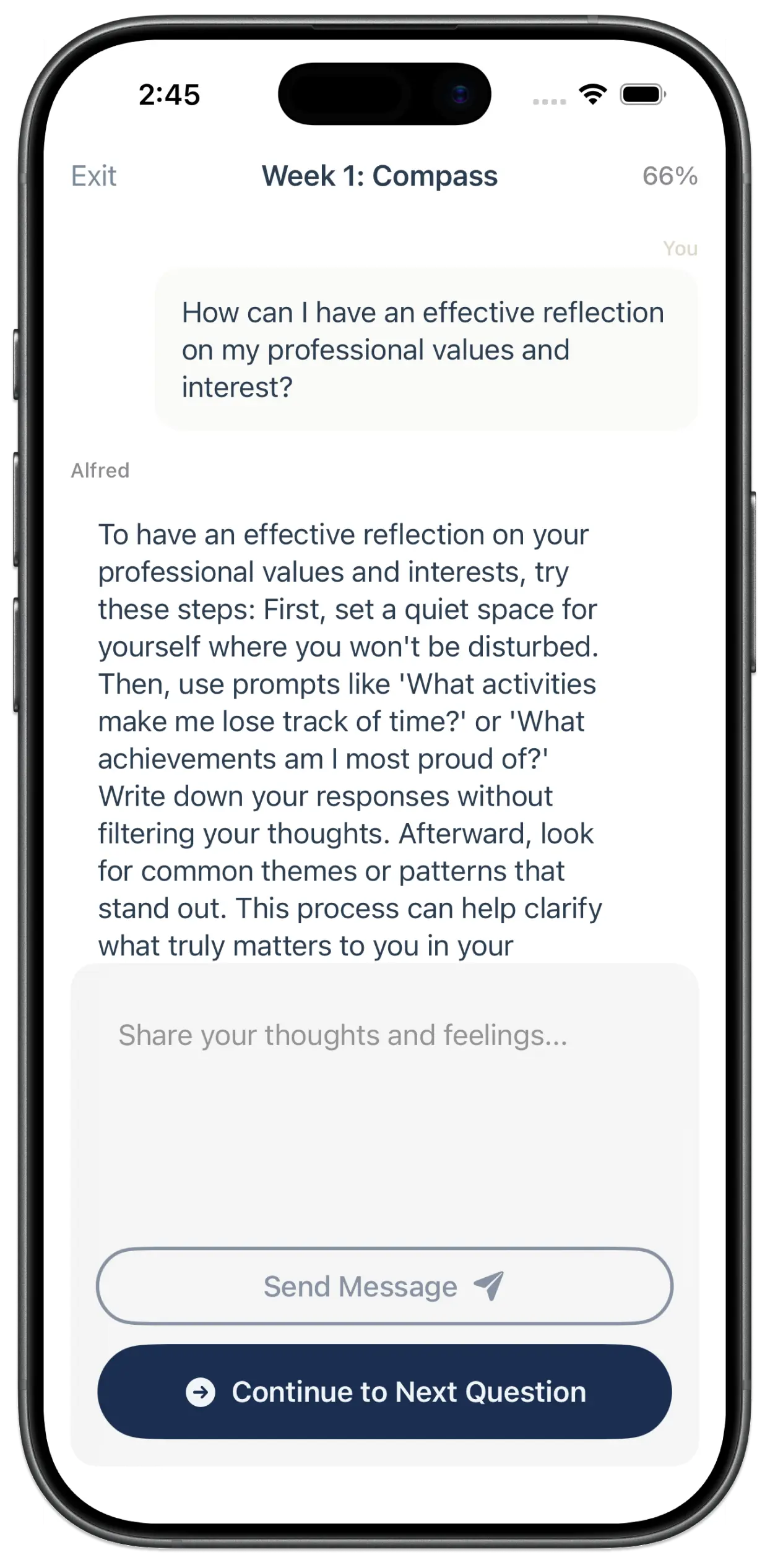 Alfred app - Weekly Check-in screen